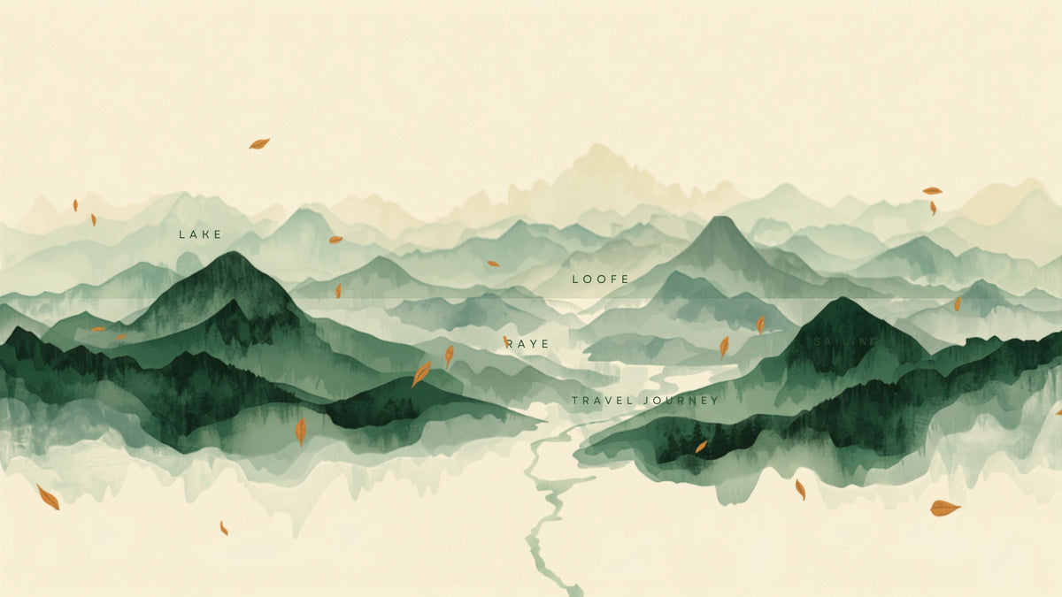 Stylized panorama of China's diverse tea-growing landscapes