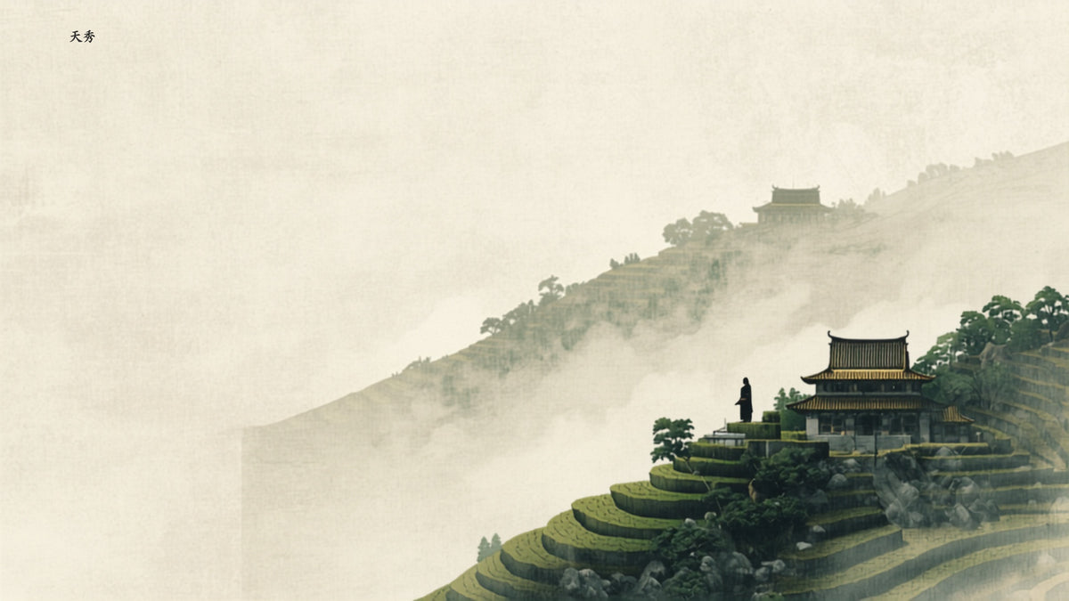 Serene Buddhist monastery in misty mountains with tea bushes nearby