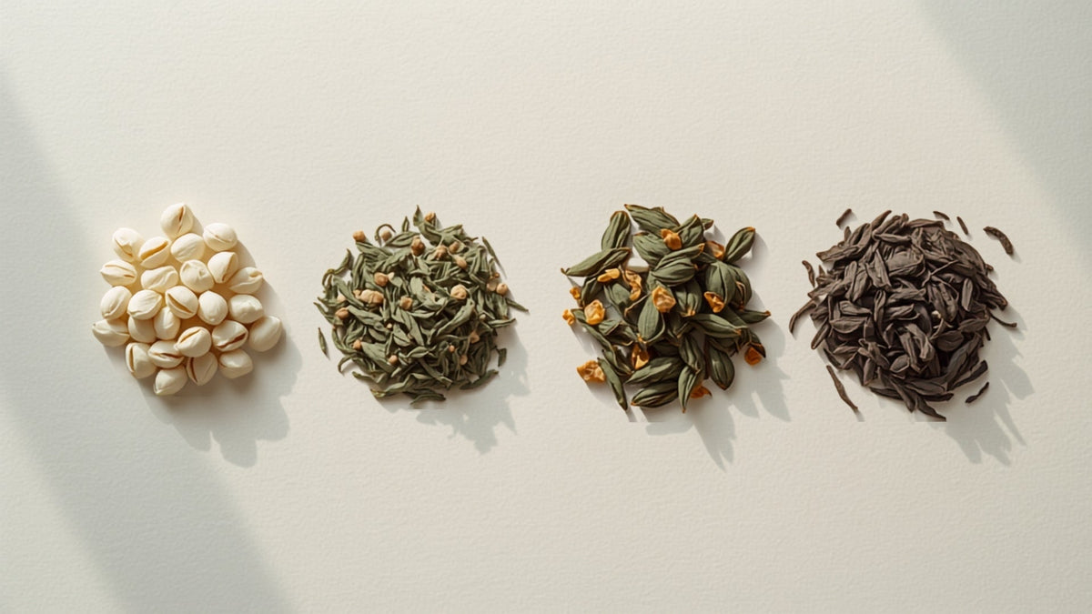 Four distinct piles of Fujian tea leaves: white, oolong, jasmine, and black