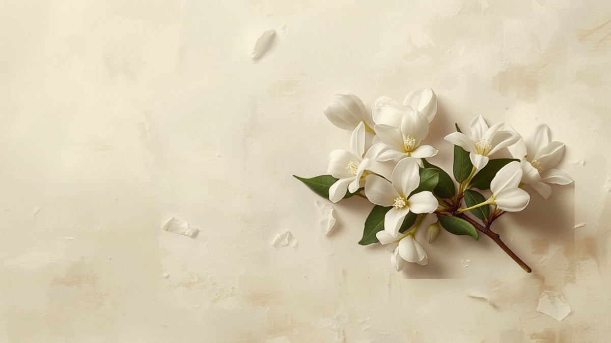 Fresh jasmine blossoms layered over green tea leaves at dusk