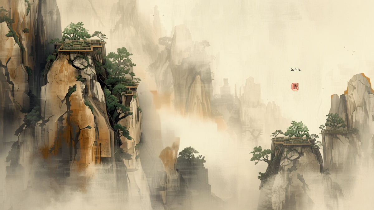 Dramatic Wuyi Mountains rock tea terraces carved into cliffside stone
