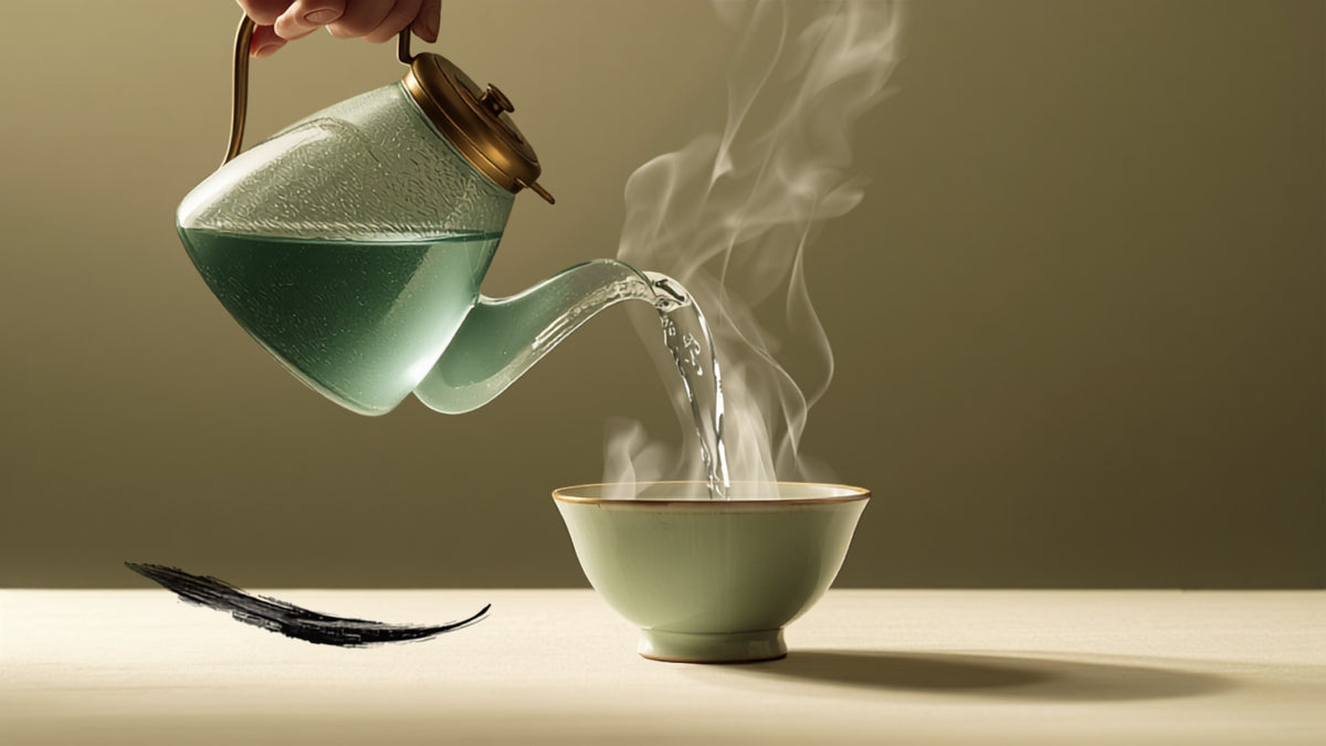 Glass kettle pouring hot water into a gaiwan with visible steam