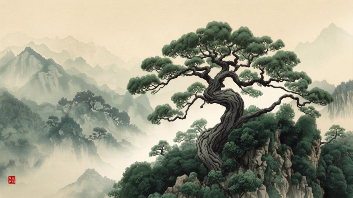 Ancient wild tea tree on a misty Yunnan mountainside
