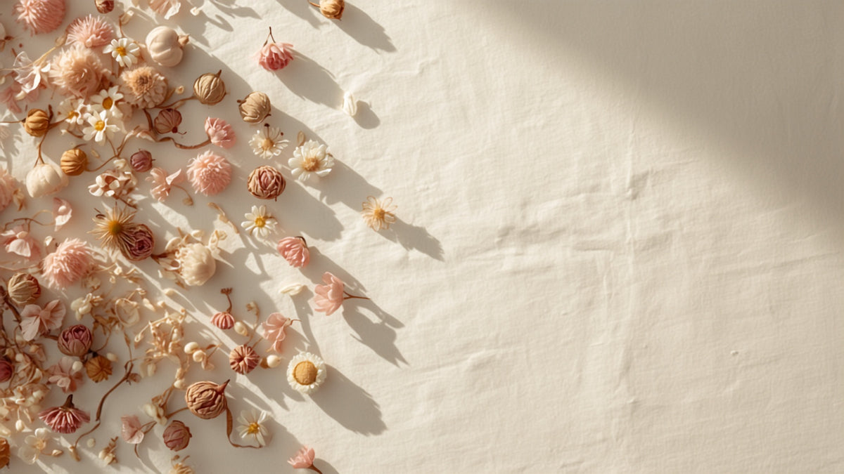 Dried flower tisane ingredients including chrysanthemum, rose, and chamomile