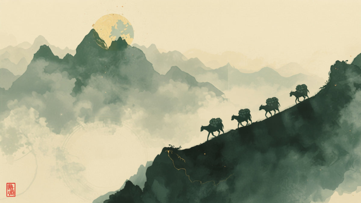 Mule caravan carrying compressed tea along an ancient mountain trade route