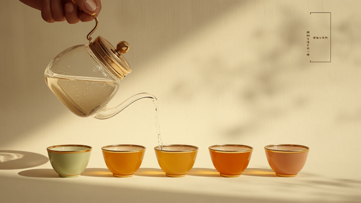 Glass kettle pouring water into a row of cups filled with different teas