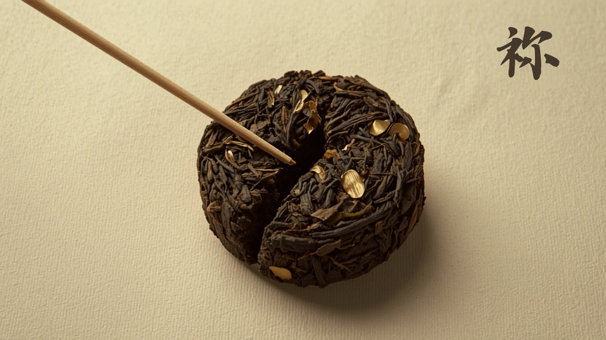 Compressed pu-erh tea cake being broken apart with a tea pick