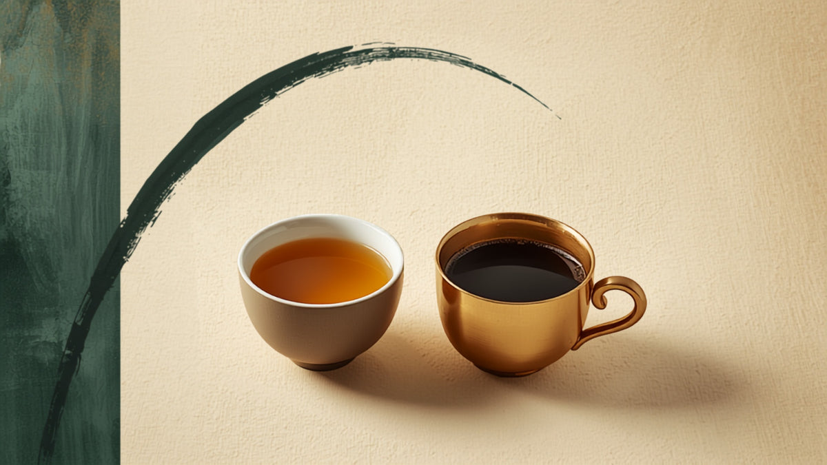 A cup of tea beside a cup of coffee, contrasting colors and textures