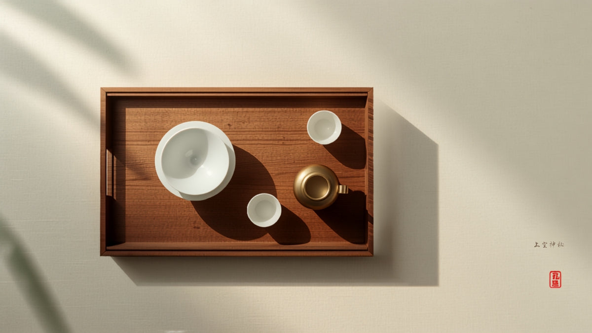 Flat-lay of essential gong fu tea equipment on a wooden tray