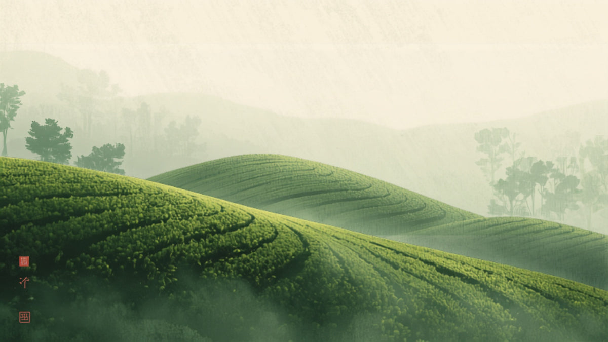Coastal Fujian hillside with white tea bushes in misty morning light