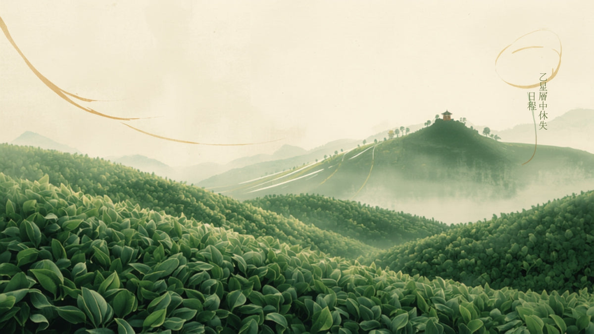 Misty tea hills of Anxi County at dawn with a distant temple silhouette