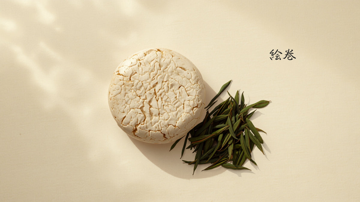 Aged compressed white tea cake beside fresh loose green tea leaves