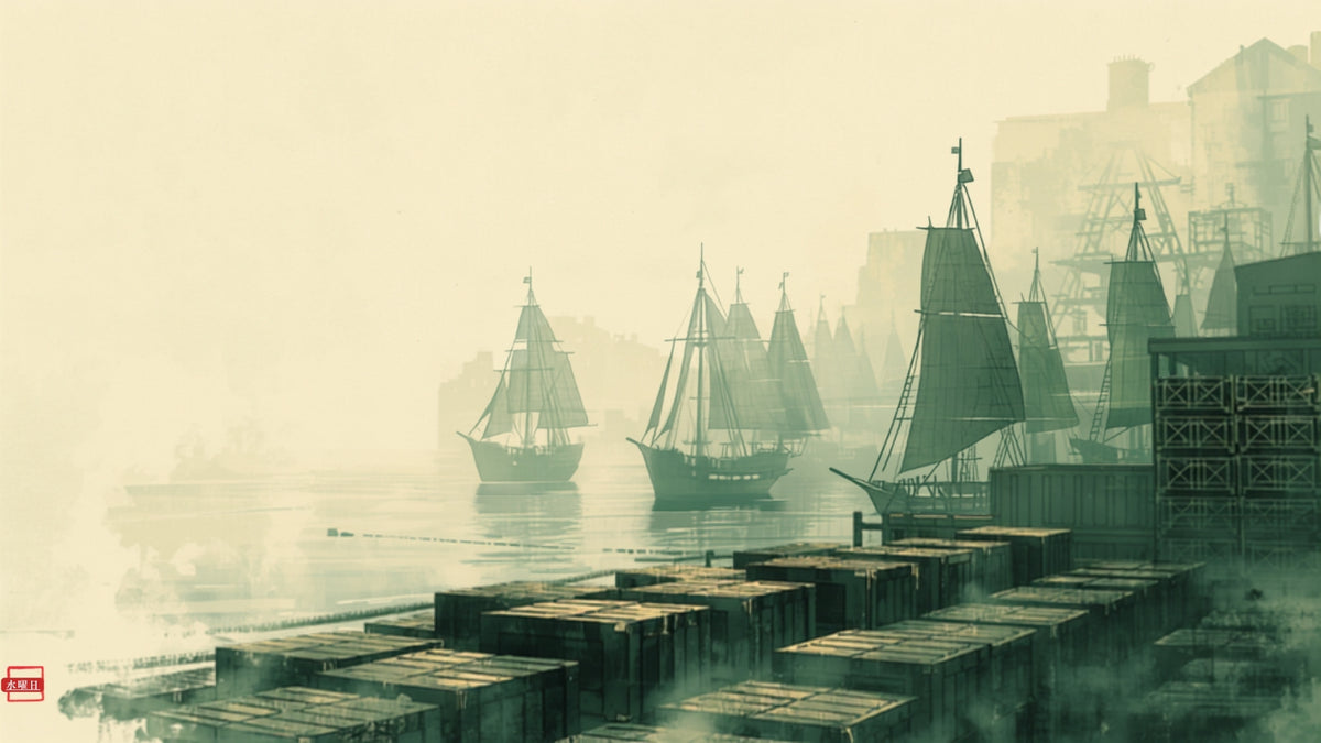Historic trade port with tea crates on the dock at dawn