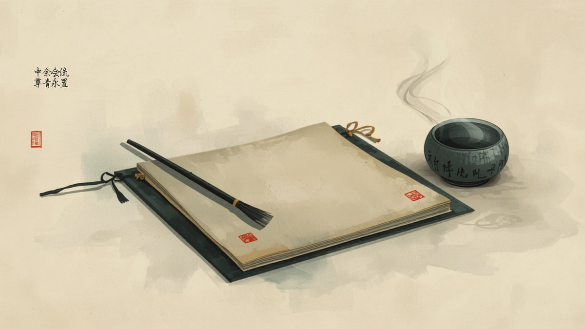 Tang dynasty scholar's writing desk with tea bowl, evoking Lu Yu's Cha Jing