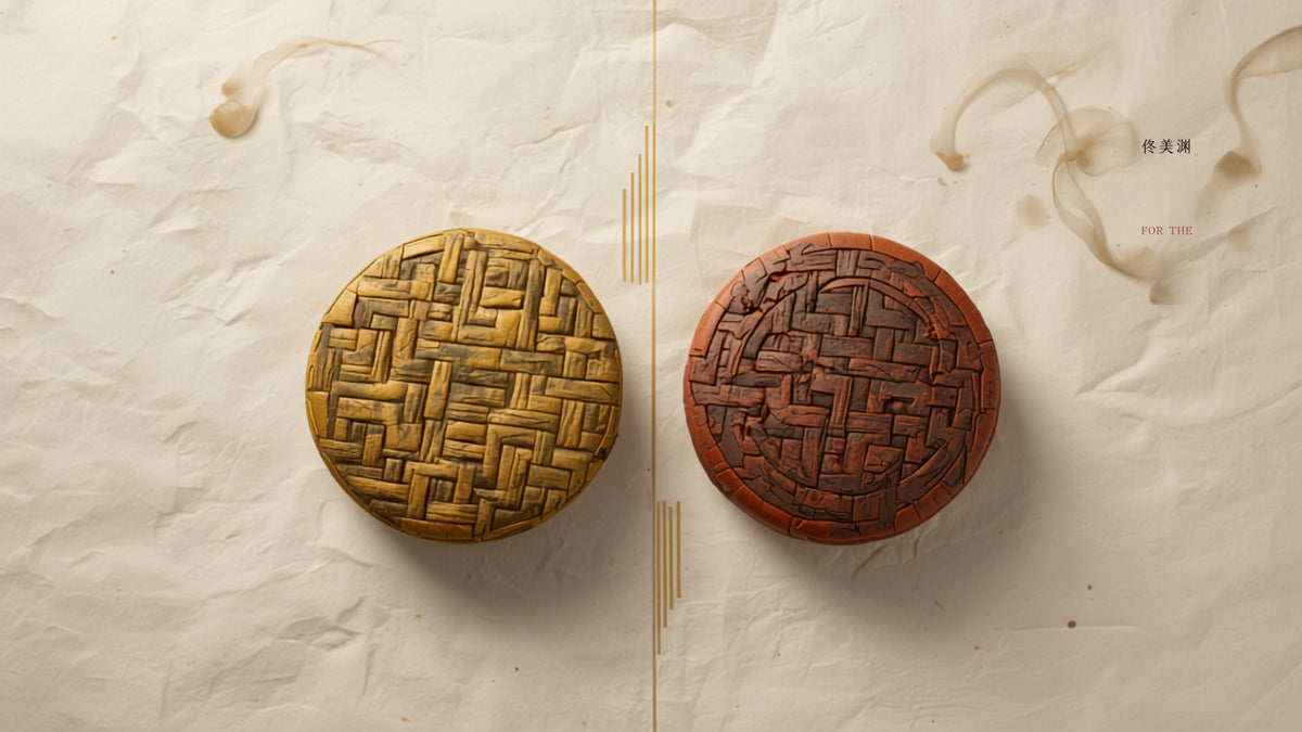 Side by side comparison of raw and ripe pu-erh tea cakes