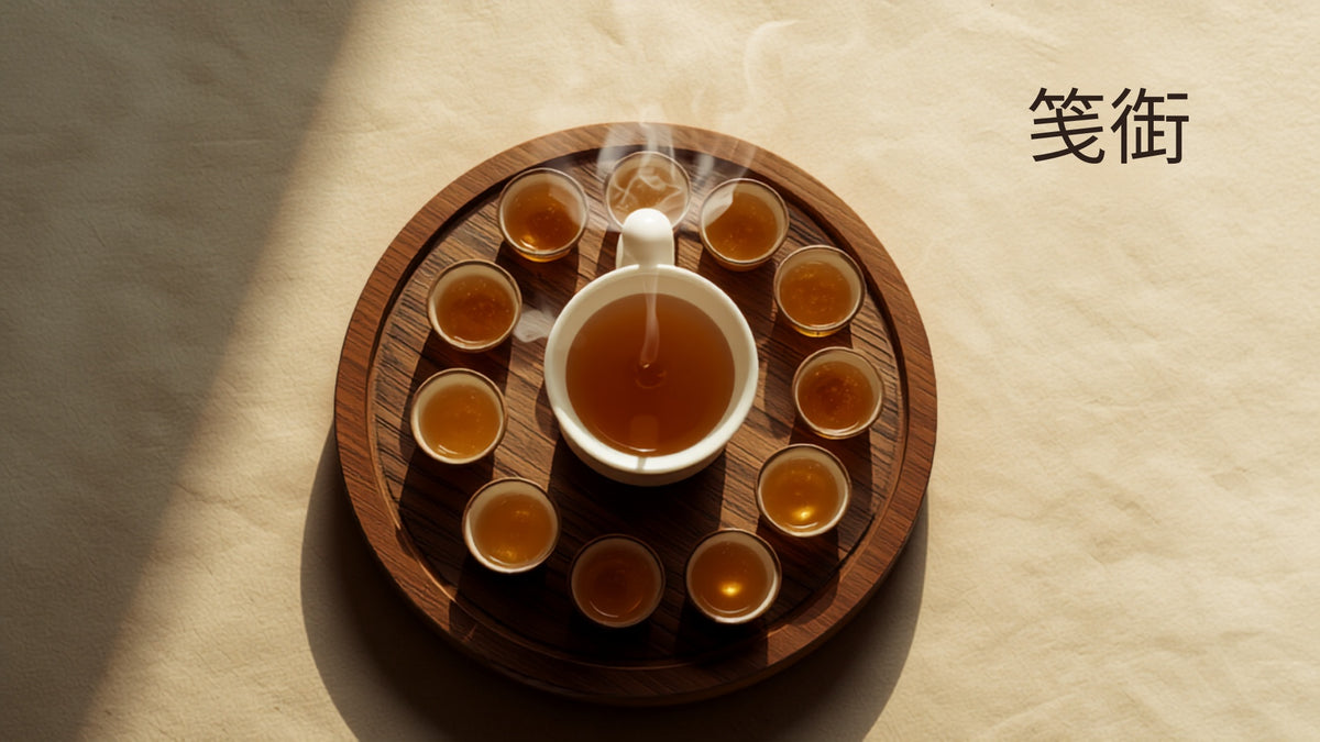 Gong fu tea session with a gaiwan pouring into small tasting cups