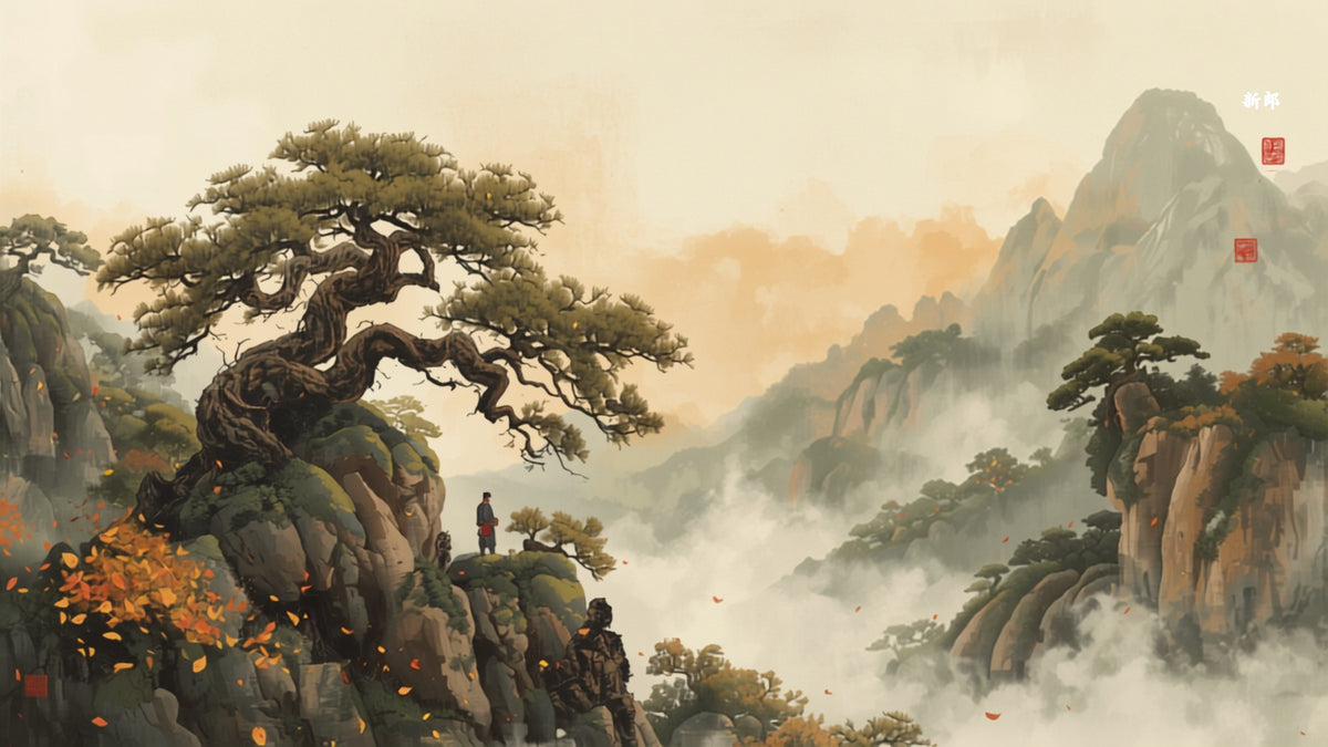 Ancient gnarled tea trees on Fenghuang Mountain at golden dawn