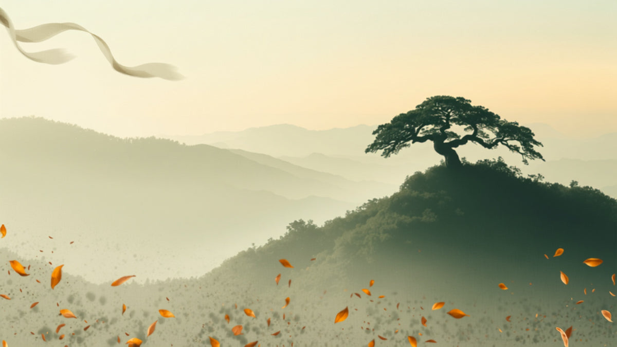 Guangdong Tea collection banner - ancient tea trees on a misty mountain ridge
