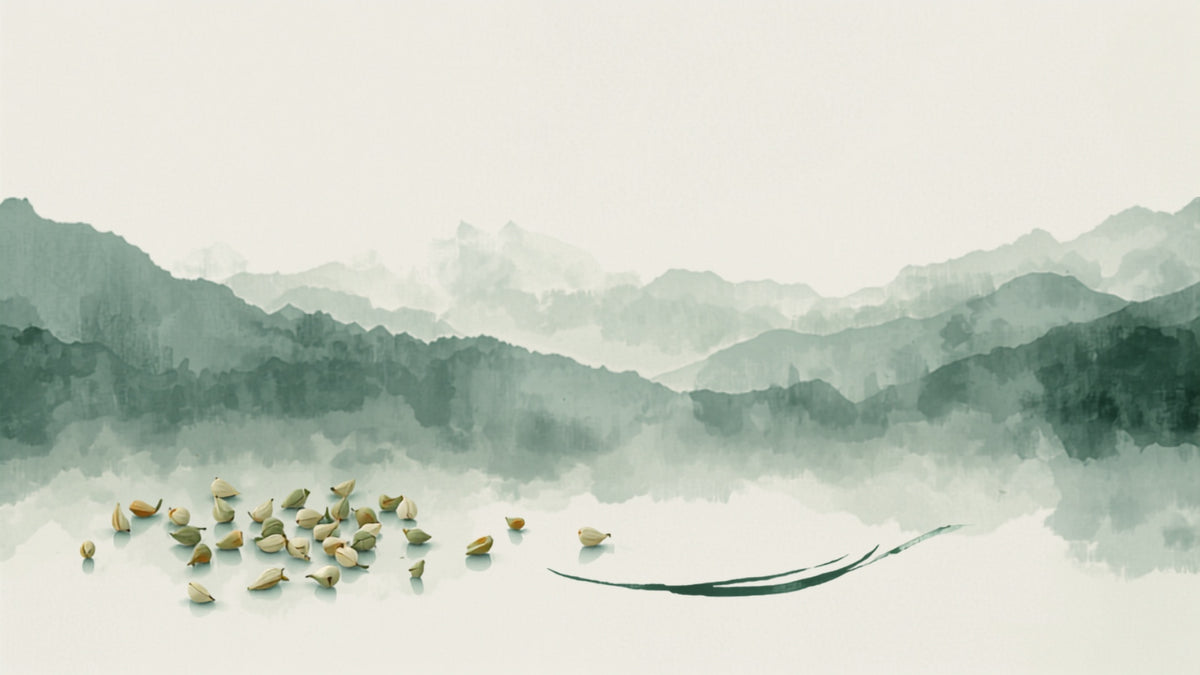 Fujian Tea collection banner - misty coastal hills with white tea and oolong leaves